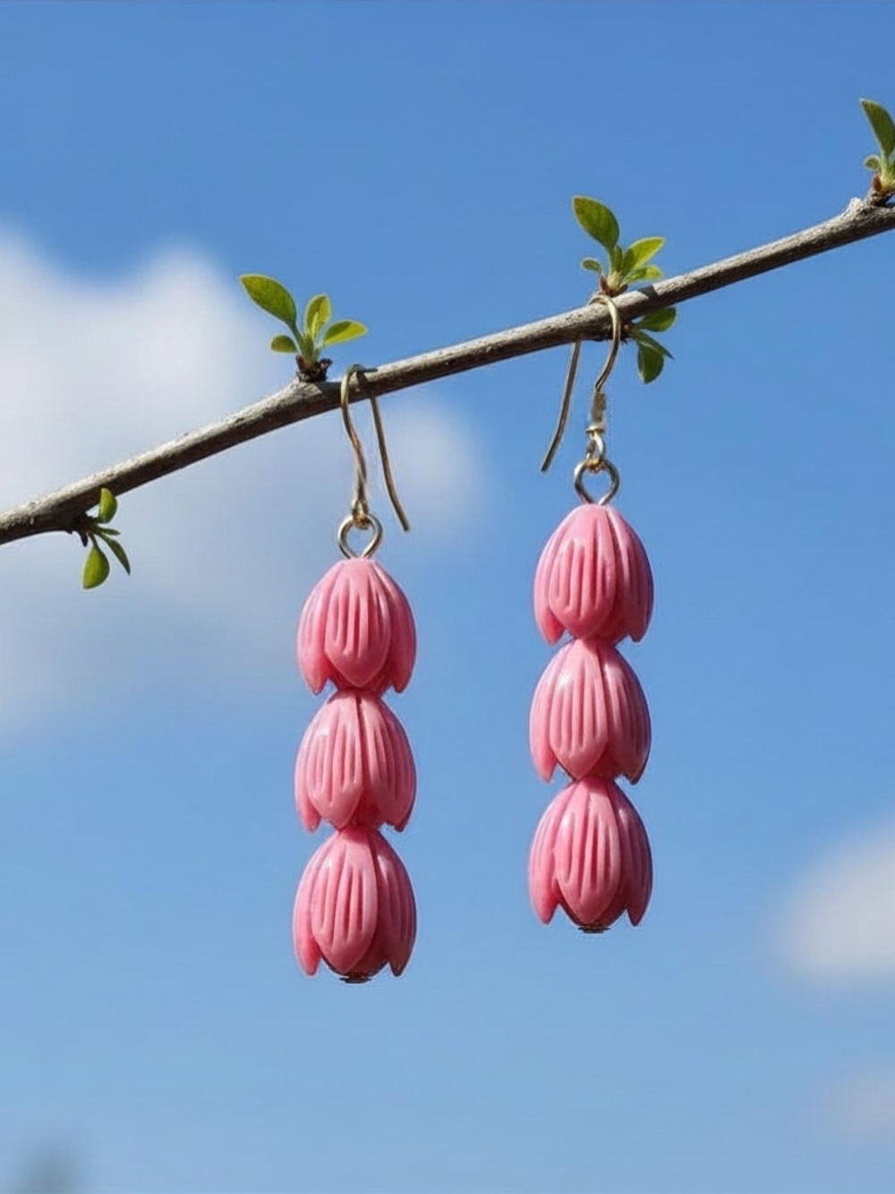 18K Gold-plated Pink Triple-Tier Blossom Drop Earrings - Hawaiian Women Jewelry